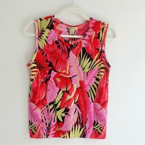 Vintage Plisse Hawaiian Floral Print Pleated Textured Tank Top Medium